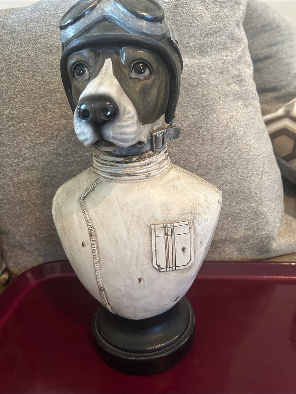 Decorative Pilot Dog Bust Sculpture - Gray and White 14 inch H Vintage